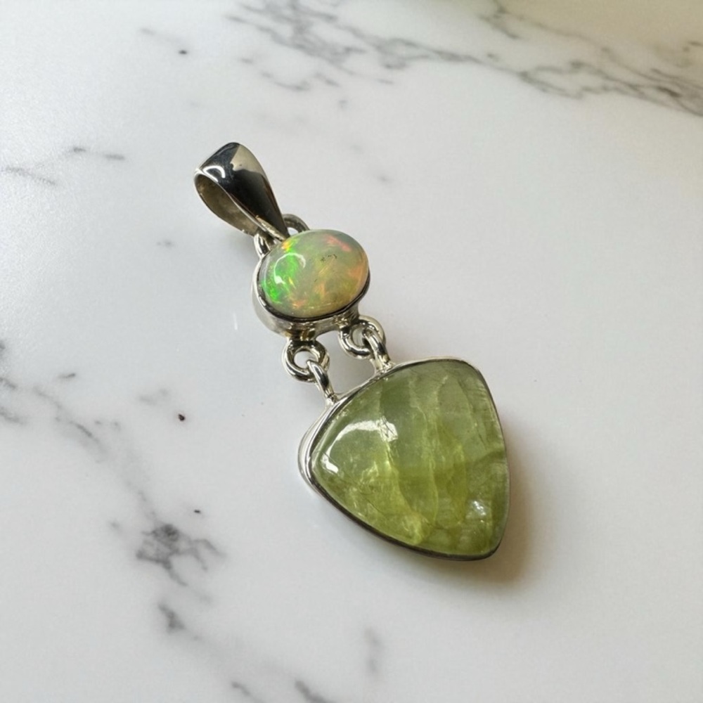 Ethiopian Opal & Mint Green Kyanite Pendant | Solid 925 Sterling Silver